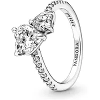 Pandora Double Heart Sterling Silver Ring With Clear Cubic Zirconia - Silver - 58