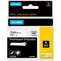 Dymo – Rhino Professional, permanent polyester tape, 12mm, black text on transparent tape, 5.5m (622289)