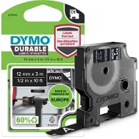 Dymo Durable D1 tape, 12mm, 3m, valkoista tekstiä mustalla teipillä