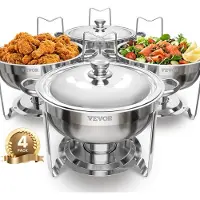 Vevor -lämpökupin buffet-setti, 5 Qt 4 pakkaus, ruostumattomasta teräksestä valmistettu lämpökuppi 4 täysikokoisella pannulla, pyöreä tarjoilulämmitin, jossa kansi, vesipannu, taitettava jalusta, häihi