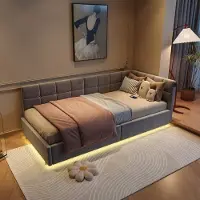 Hobby Hall Lasten yhden hengen vuodesohva USB/Type-C-latausportilla ja RGB LED -valonauhalla sängyn alla, 90 x 200 cm, sametti, harmaa, ilman patjaa