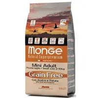 Monge Dry Dog BWILD Adult Mini viljaton kuivaruoka pienten rotujen koirille ankan kera, 2,5 kg