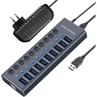 Mtp Products 10-porttinen USB 3.0 -keskitin yksittäisillä virtakytkimillä - harmaa
