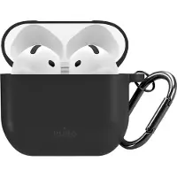 Puro AirPods 4 Icon -silikonikotelo karabiinikiinnikkeellä - musta