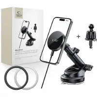Tech-Protect Car mount for cockpit / windshield / grille with 15W charger + 2x magnetic plates MM15W-V5 Magnetic MagSafe Dashboard &amp; Vent Car Mount Wireless Charger 15W Black