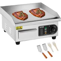 Vevor sähköinen paistolevy, 355 x 300 mm, 2000 W, 50–300 °C:n säädettävä lämpötila, ruostumattomasta teräksestä valmistettu työtasolle tarkoitettu tasainen grilli, jossa on 2 lastaa ja 2 harjaa, pihve