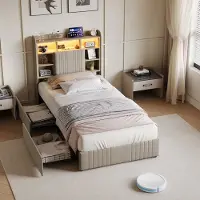 Rosahqnda Lasten sänky 90x200 cm, LED-valolla, USB-liitännällä ja kahdella laatikolla, pellava, beige