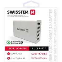 Swissten Qualcomm 3.0 QC Smart IC Premium Travel Charger USB 5x 2.1A 50W (SW-TCH-QUAL3.050W-W)