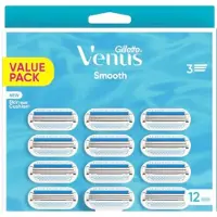 Gillette Venus Smooth Naisten partakoneen terien täydennystarvikkeet, 12 kpl, 3 kaarevaa terää suojapehmusteiden ympäröimänä.