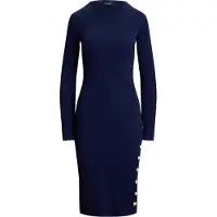 Ralph Lauren Button-Trim Ribbed Cotton-Blend Dress - Navy - S