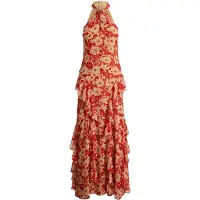 Ralph Lauren Floral Ruffle-Trim Georgette Halter Gown - Red - 40