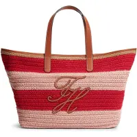 Tommy Hilfiger Ostoskassi 'Woven Stripe Logo Appliqué Tote' vaaleanruskea / roosa / punainen