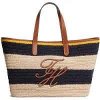 Tommy Hilfiger Ostoskassi 'Woven Stripe Logo Appliqué Tote' beige / laivastonsininen / karamelli / keltainen