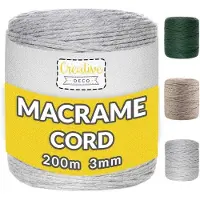 Hobby Hall Makrame-naru 3 mm x 200 m – vaaleanharmaa, Creative Deco, puuvillainen käsityölanka