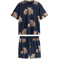 Next Lyhyt pyjama 'Hamish The Highland Cow' tummabeige / yönsininen