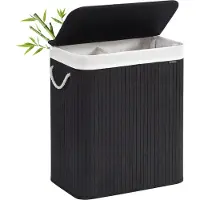 CALICOSY Musta bambu pyykkikori 100L kannella ja lokerolla