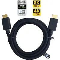 NÖRDIC CERTIFIED CABLES 2 m HDMI2.1 Ultra High Speed 8K 60 Hz 4K 120 Hz 48 Gb/s Dynamic HDR eARC pelitila VRR Dolby ATMOS nailonpunottu, kullattu