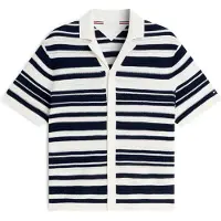 Tommy Hilfiger Neuletakki 'Regular Fit Breton Stripe Short Sleeve' ecru / laivastonsininen