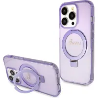 GUESS iPhone 15 Pro Kuori Ring Stand Glitter MagSafe Violetti
