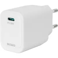Deltaco – USB-C wall charger, 1x USB-C PD 20 W, PPS 25 W, white (USBC-AC158)