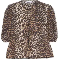 Ganni Printed Cotton Poplin Peplum Blouse - Brown - 34