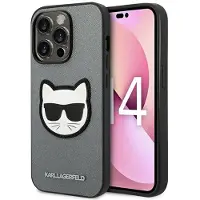 Karl Lagerfeld iPhone 14 Pro -kotelo Saffiano Choupette -päänkoriste, hopea