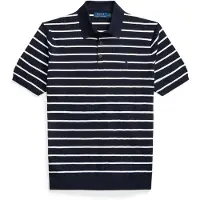 Ralph Lauren Striped Cotton Polo-Collar Sweater - Navy - L