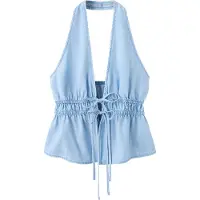 Mango V-Neck Denim Top With Bow - Blue - L