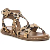 Carmela for woman. 16239302-LEOPARDO Brown Leather Sandals 162393 (37), Flat, Buckle, Casual, Animal Print
