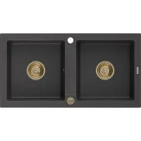 Mexen Mario 2-osainen graniittiallas 820 x 436 mm, musta pilkullinen, kultaiset vesilukko - 6504822000-76-G