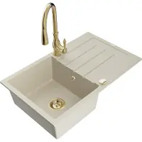 Mexen Bruno yksi-kulmainen graniittiallas valumalla ja Savita-keittiöhanalla, beige - 6513-69-672601-50