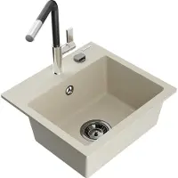 Mexen Milo graniittinen 1-altaainen keittiöallas ja Flora-keittiöhana, beige - 6505-69-670401-07-B