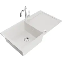 Mexen Leo graniittinen yksialtainen keittiöallas valutustasolla ja keittiöhana Carla, valkoinen - 6501-20-670700-00