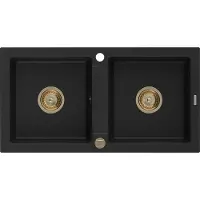 Mexen Mario graniittinen 2-allas keittiöallas 820 x 436 mm, musta, kullanvärinen sifoni - 6504822000-77-G