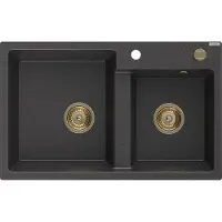 Mexen Tomas 2-kyykkyinen graniittinen keittiöallas 800 x 500 mm, musta laikukas, kultainen sifoni - 6516802000-76-G