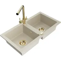 Mexen Mario 2-osuuksinen graniittinen pesuallas keittiöhanalla Duero, beige - 6504-69-671600-50