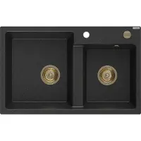 Mexen Tomas graniittinen 2-tilainen keittiöallas 800 x 500 mm, musta/hopeinen metalli, kultainen vesilukko - 6516802000-73-G