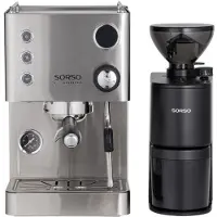 Sorso Espresso kahvikone - ruostumaton teräs + Peppe Brew &amp; Espresso by Eureka sähkökäyttöinen kahvimylly – mattamusta