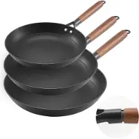 Vevor valurautainen paistinpannu, 3-osainen paistinpannusarja (205, 265, 310 mm), tarttumattomat paistinpannut irrotettavalla puukahvalla, esimaustettu kokinpannu, keittiövälineet kaasu-, sähkö- ja in