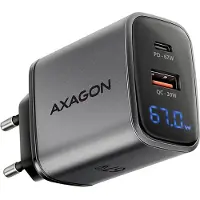 Axagon 67W verkkovirtalaturi näytöllä, USB-C + USB-A, PD3.0/QC3, harmaa