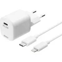 Deltaco – USB-seinälaturi, USB-C, PD 20W, sis. Lightning-kaapelin, valk. (USBC-AC141)