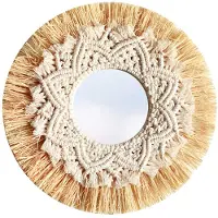 Tlily Nordic Straw Woven Hotel Bed and Breakfast Wall Boho Decor Handwoven Mirror Wall Decoration Macrame Decorative Mirror