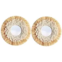 Torribaly 2X Nordic Straw Woven Hotel Bed and Breakfast Wall Boho Decor Handwoven Mirror Wall Decoration Macrame Decorative Mirror