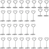 Tlily 30 Pcs Card Holder Heart Shape Table Picture Stand Wire Tabletop Photo Holder Menu Clips for Wedding Party Number,Silver