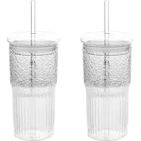 Wella 2X 600Ml Glass Cup Milk Coffee Cup with Lid and Straw Transparent Stripe Water Cup Mug Drinking Glasses Juice Tea Cup