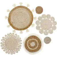 Wella 6PCS Boho Wall Basket Decor Set Woven Rattan Flat Baskets Wall Hanging Decor Handmade Tassels Flower Wall Baskets Decor