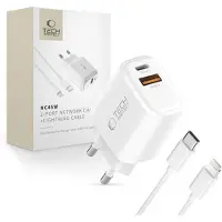 Tech-Protect NCA45W-GAN 2-porttinen pikalaturi 45W Lightning-kaapelilla - Valkoinen