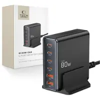 Tech-Protect DC80W GaN 6-porttinen pöytälaturi, jossa 4x PD USB-C, 2x QC 3.0 USB-A - musta