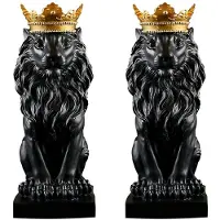 Jojomino 2X Abstract Crown Lion Statue Home Office Bar Male Lion Faith Resin Sculpture Crafts Animal Art Decor Ornaments - Black