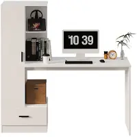FODYM TIETOKONEPÖYTÄ JA HYLLYKKO – 142 CM, VALKOINEN, MODERNI LOFT-TYYLI TOIMISTOON JA HUONEESEEN
